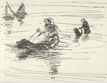 49 - people with dogs in water, sailboats in distance